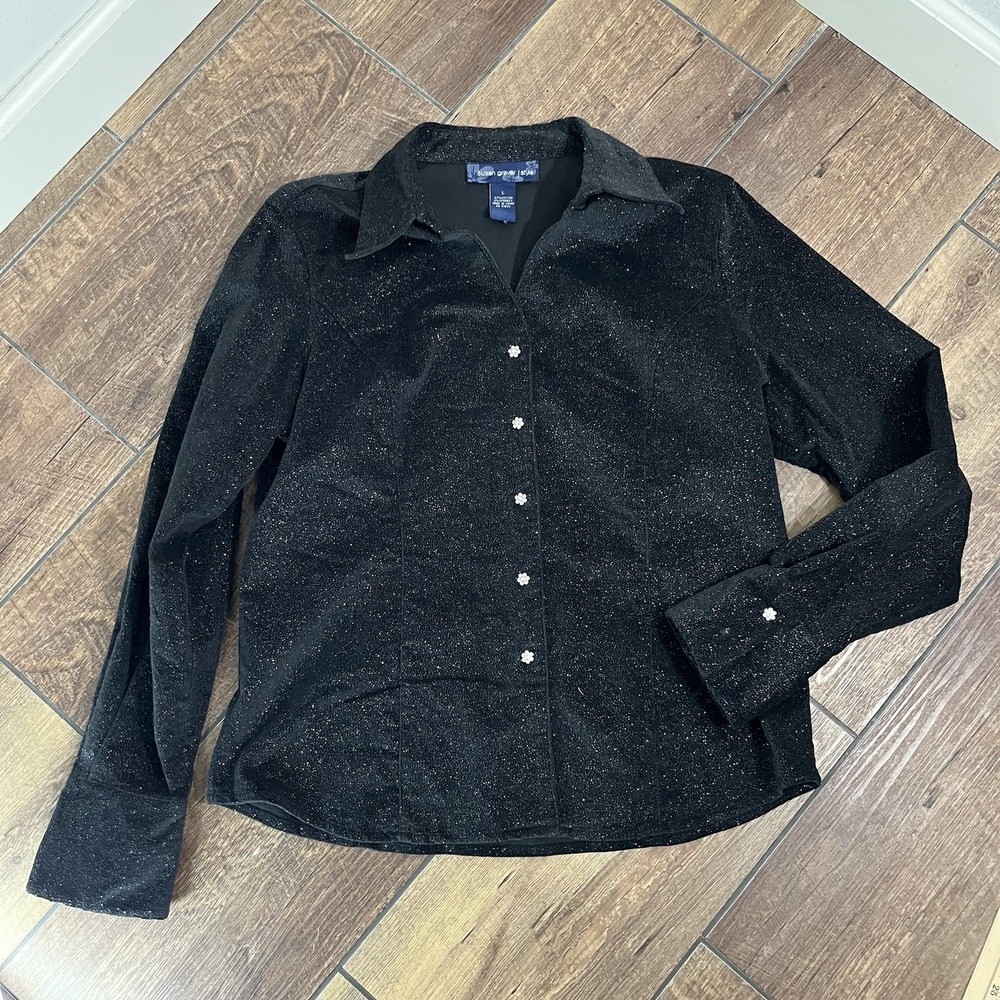 SUSAN GRAVER Shirt Top Women's L Black Faux Suede Glitter Rhinestone Button-Up - Picture 5 of 8
